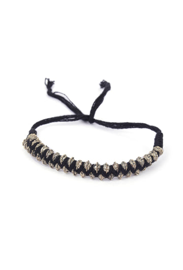 Set Of 2: Zue Black Thread & Antique Plated Brass Beaded Anklets